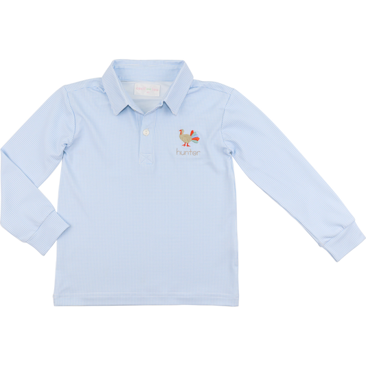 Blue Gingham Knit Embroidered Turkey Polo Shirt