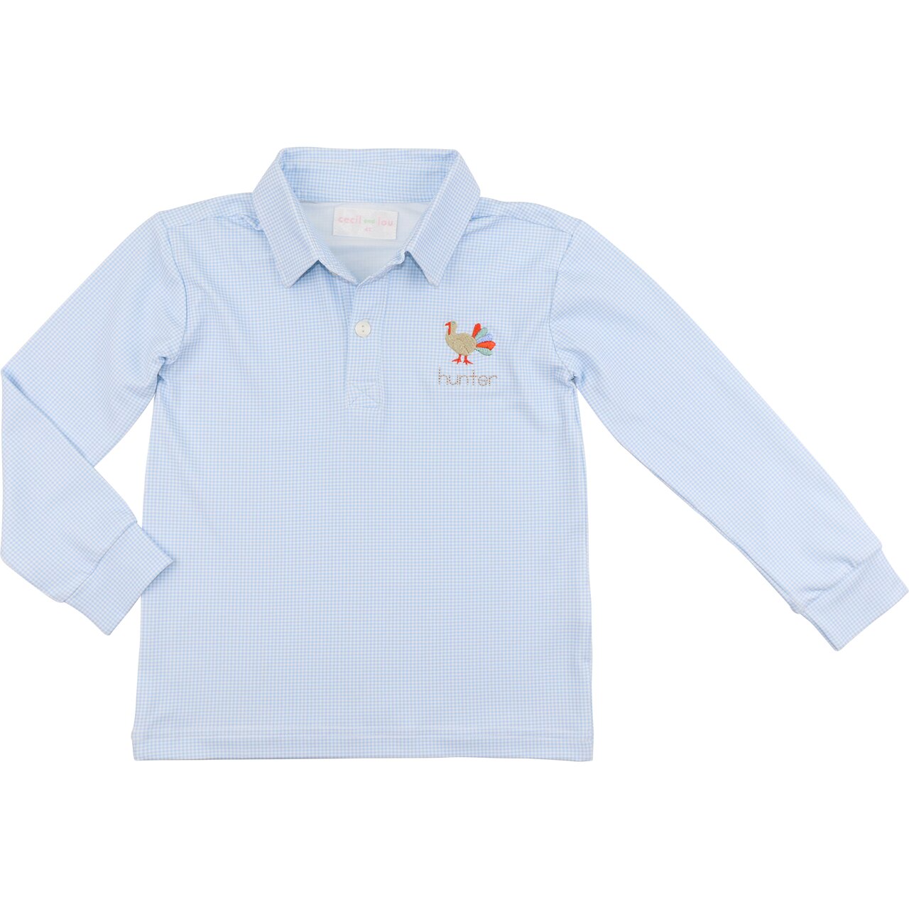 Blue Gingham Knit Embroidered Turkey Polo Shirt