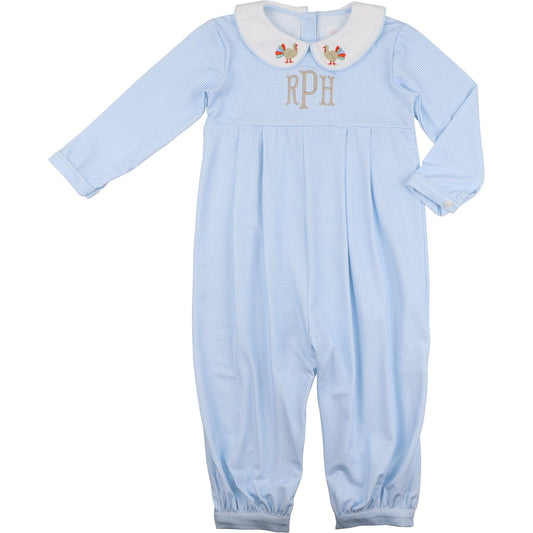 Blue Gingham Knit Embroidered Turkeys Long Romper