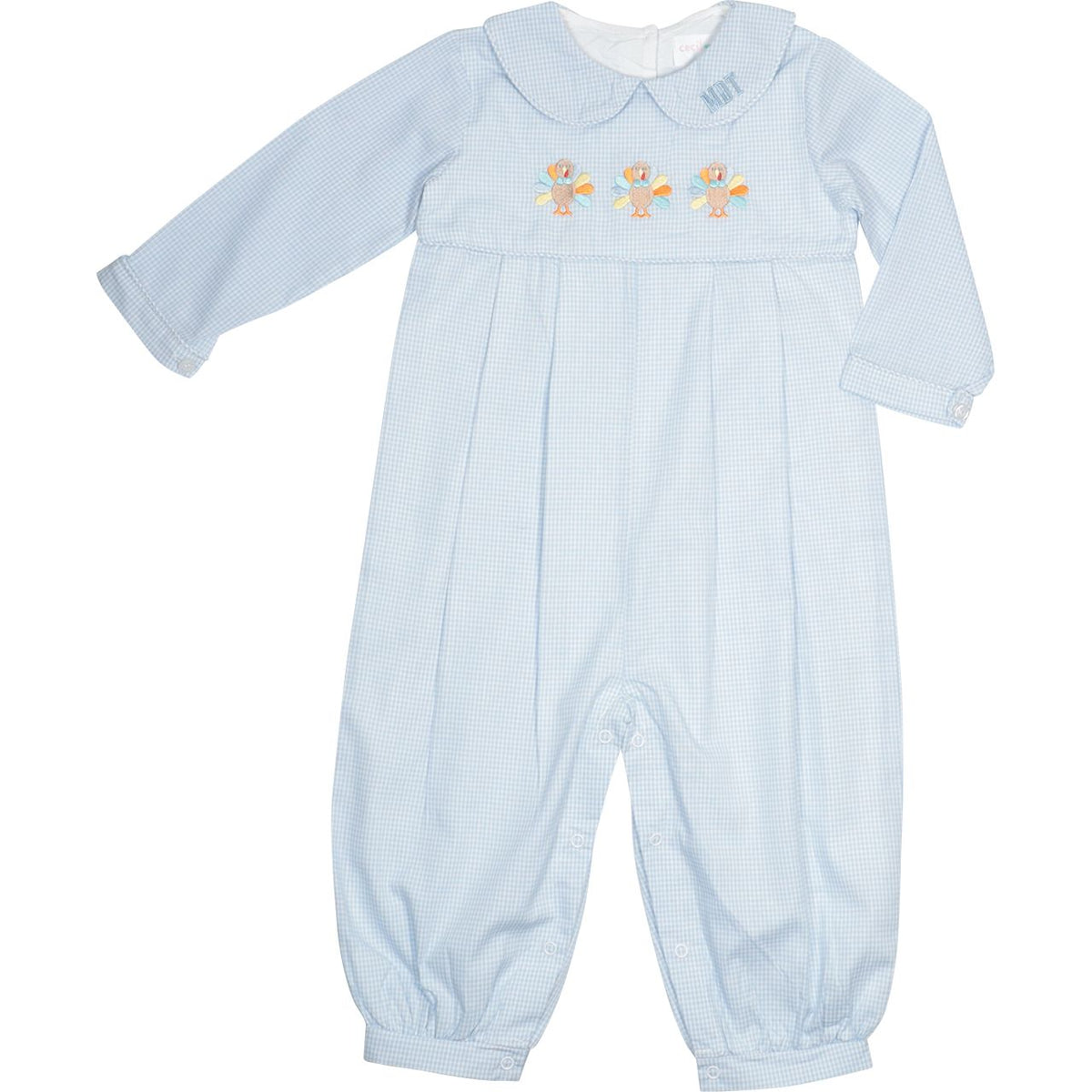 Blue Gingham Knit Pleated Embroidered Turkey Long Romper