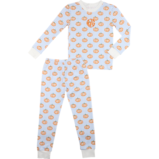 Boys pajama set with pumpkin pattern on a light blue background
