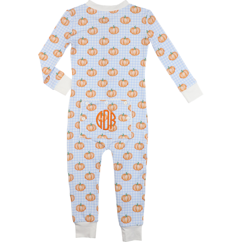 Boy zipper pajama with pumpkin pattern and monogram on a light blue background