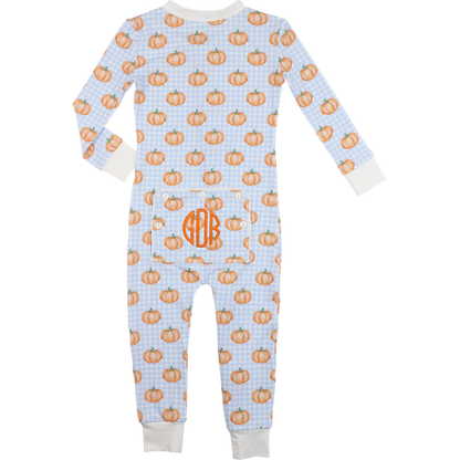 Boy zipper pajama with pumpkin pattern and monogram on a light blue background