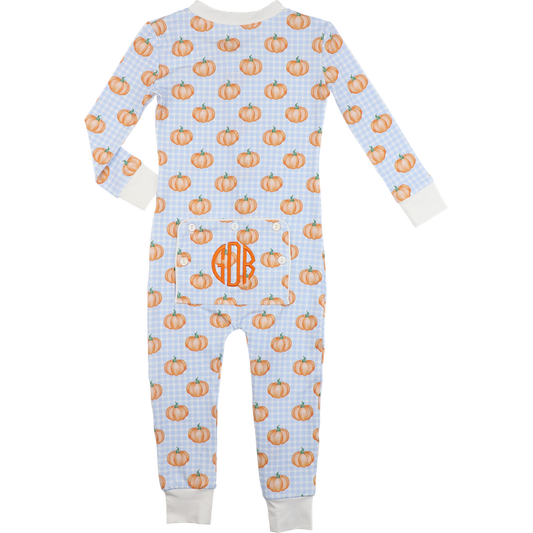 Boy zipper pajama with pumpkin pattern and monogram on a light blue background