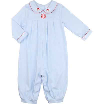 Blue Gingham Knit Santa Face Long Romper