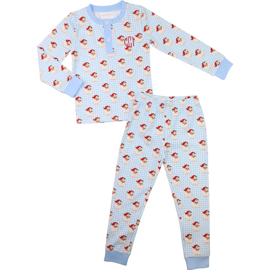 Blue Gingham Knit Santa Pajamas