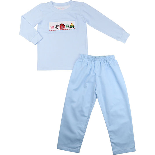 Blue Gingham Knit Smocked Farm Pant Set