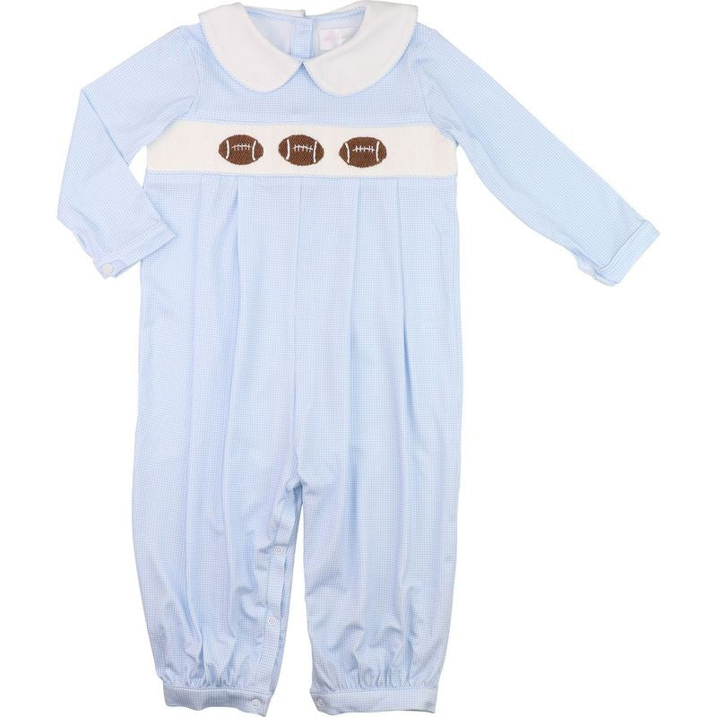 Blue Gingham Knit Smocked Football Long Romper