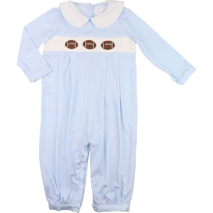 Blue Gingham Knit Smocked Footballs Long Romper