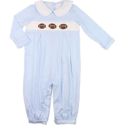 Blue Gingham Knit Smocked Footballs Long Romper