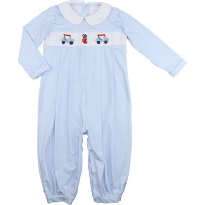 Blue Gingham Knit Smocked Golf Long Romper