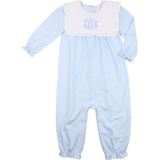 Blue Gingham Knit Square Collar Long Bubble