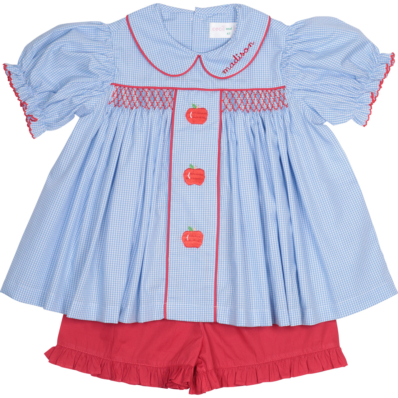 Blue Gingham Smocked Apple Short Set