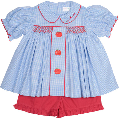 Blue Gingham Smocked Apple Short Set1