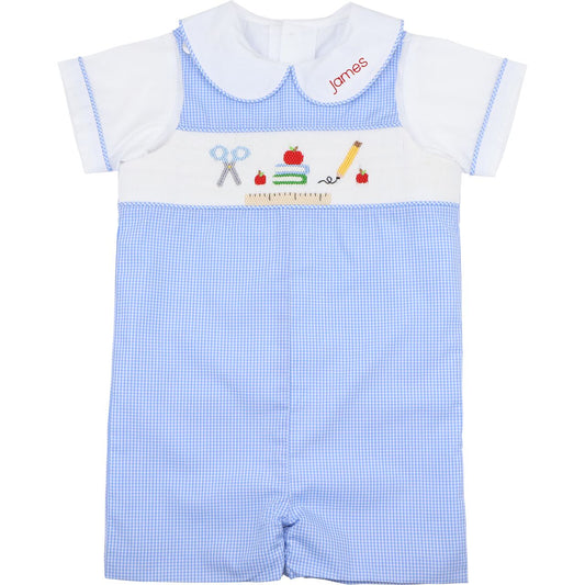 Blue Gingham Smocked Back To School Jon Jon Set