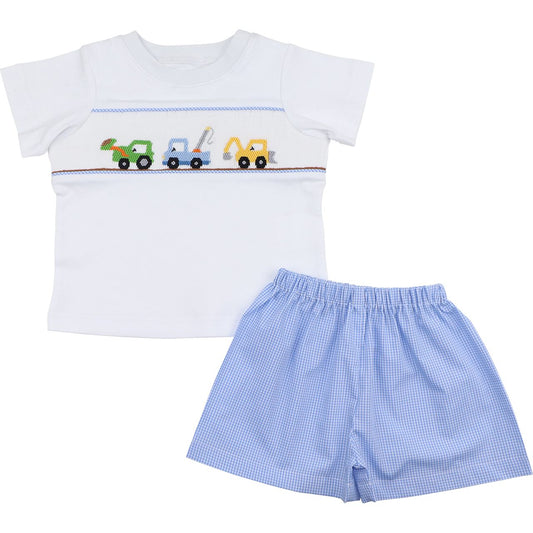 Blue Gingham Smocked Diggers Short Set