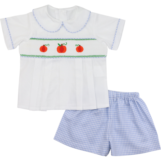 Blue Gingham Smocked Pumpkin Short Set