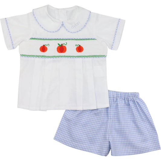 Blue Gingham Smocked Pumpkin Short Set