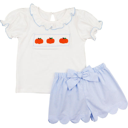 Blue Gingham Smocked Pumpkins Short Set