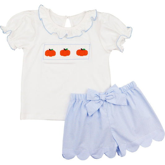 Blue Gingham Smocked Pumpkins Short Set