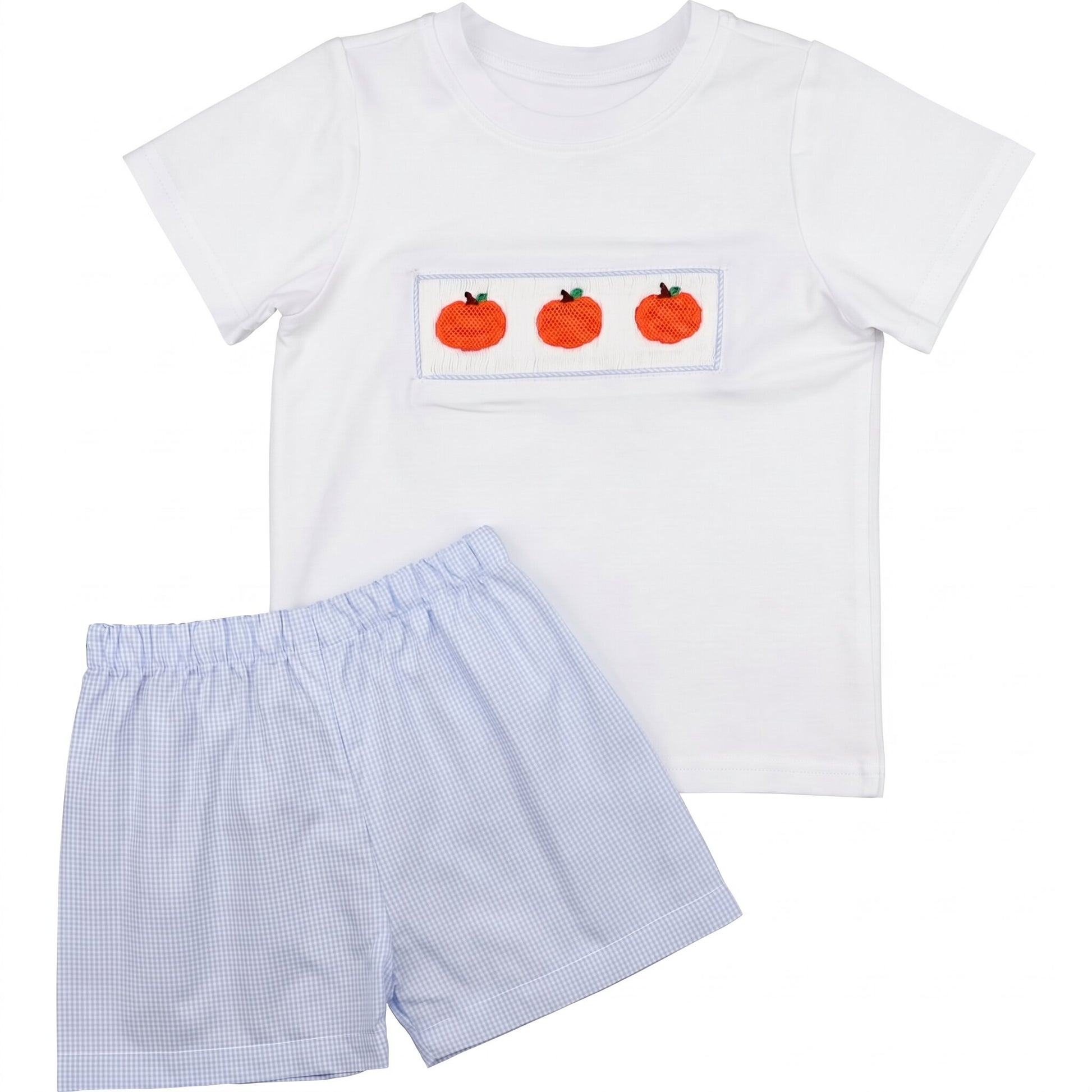 Blue Gingham Smocked Pumpkins Short Set2
