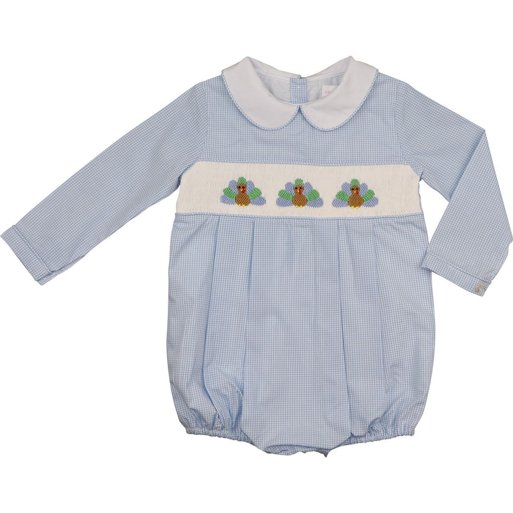 Blue gingham smocked turkey bubble for a baby or toddler boy Thanksgiving outfit