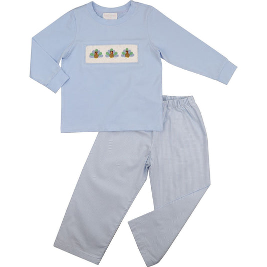Blue Gingham Smocked Turkeys Pant Set