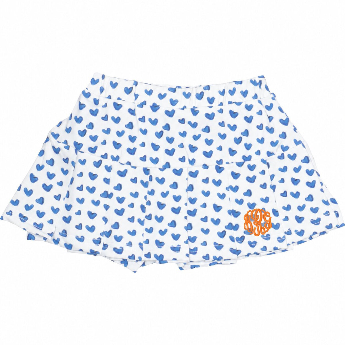 Blue Heart Print Knit Tennis Skirt with orange monogram