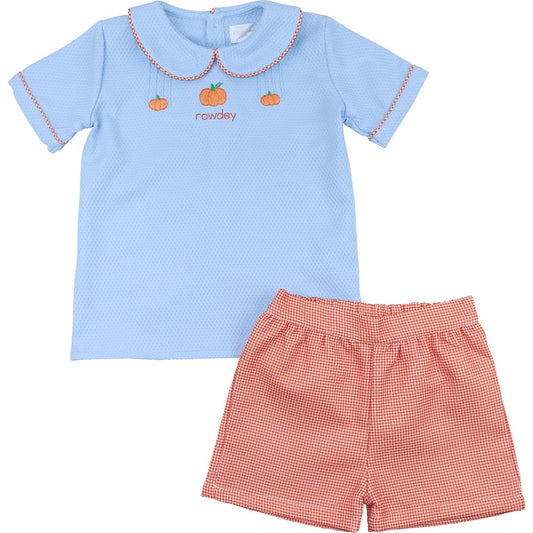 Boy outfit with blue shirt and orange checkered shorts on a white background