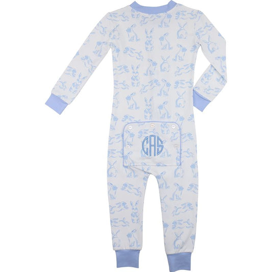 Blue Hopping Bunny Knit Zipper Pajamas