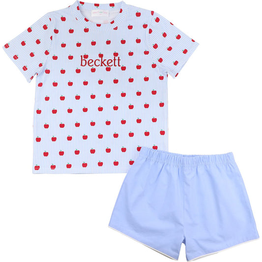 Blue Knit Apple Print Short Set