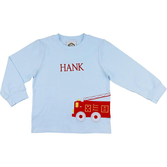 Blue Knit Applique Firetruck Shirt