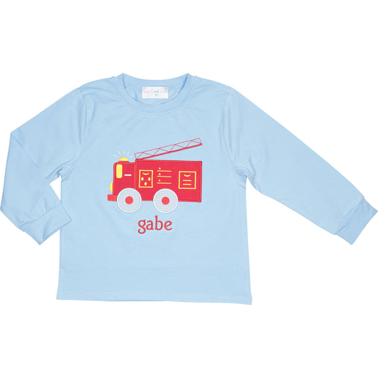 Blue Knit Applique Firetruck Shirt1