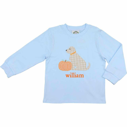 Blue knit applique pumpkin and puppy shirt