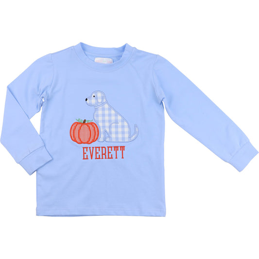 Blue Knit Applique Puppy And Pumpkin Shirt