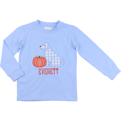 Blue knit applique puppy and pumpkin shirt 