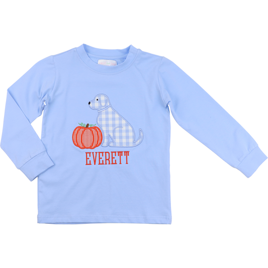 Blue knit applique puppy and pumpkin shirt 