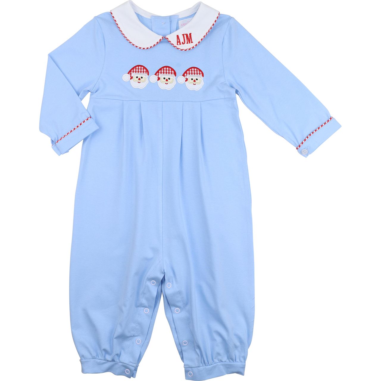 Blue Knit Applique Santa Faces Long Romper
