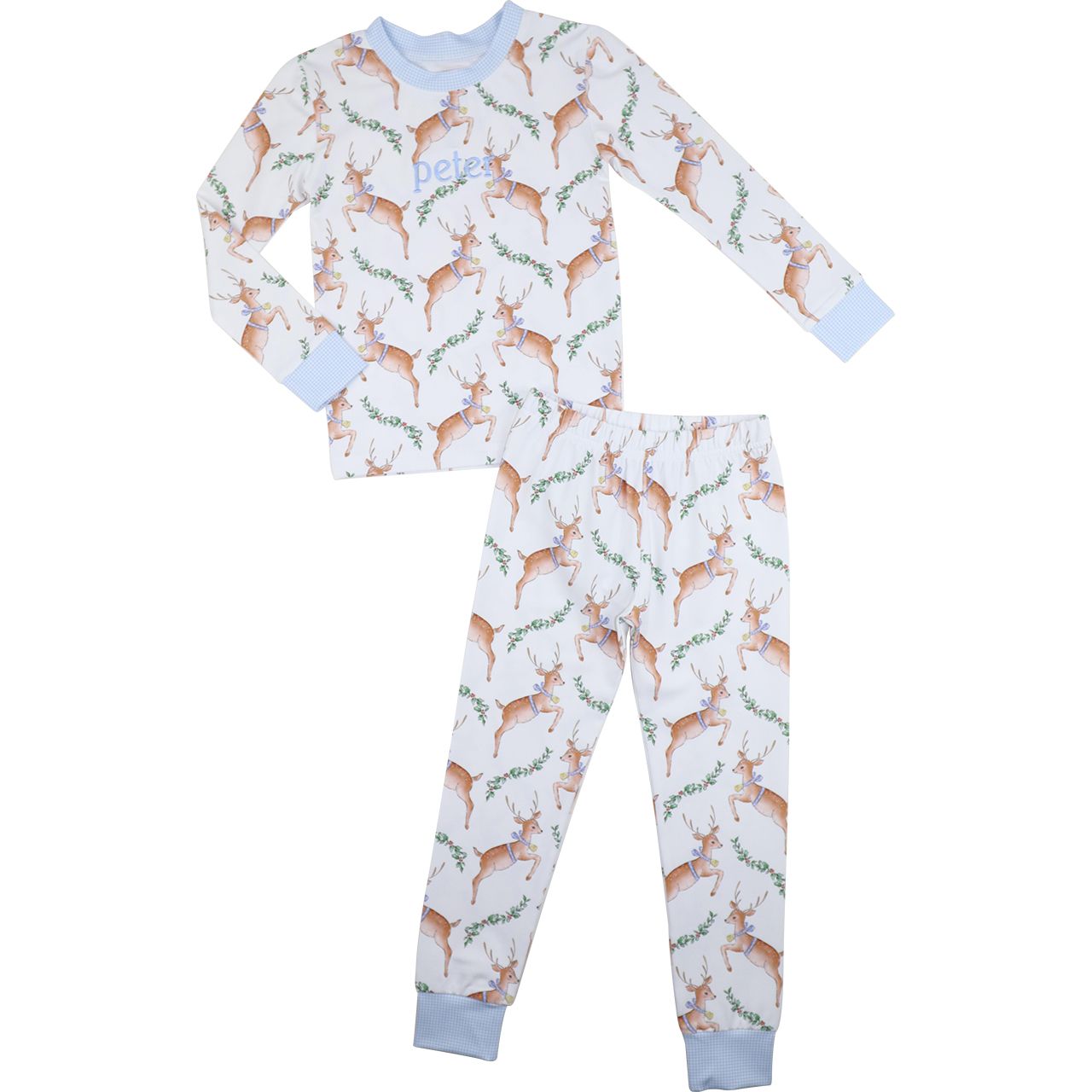 Blue Knit Gingham Reindeer Pajamas