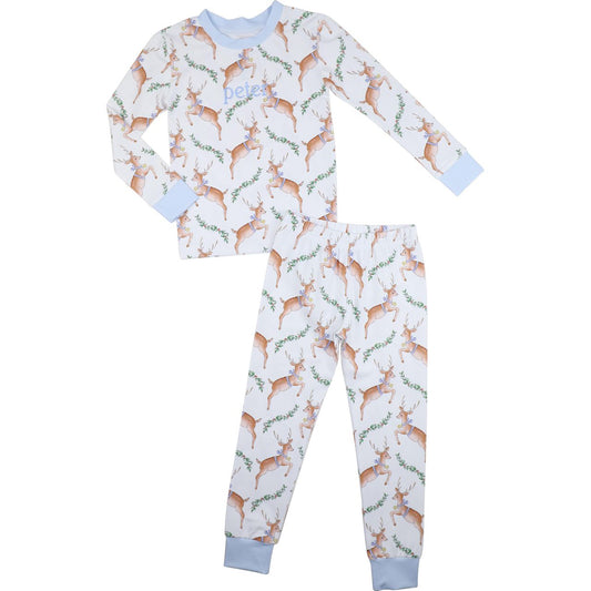 Blue Knit Gingham Reindeer Pajamas