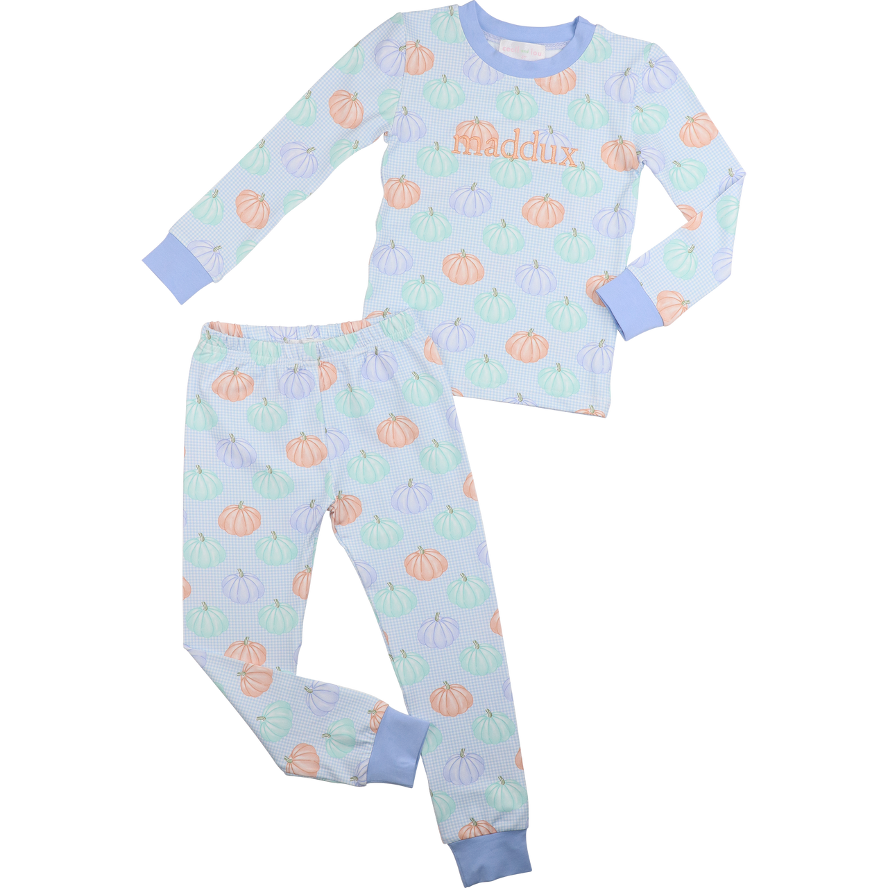 Boys pajama set with pumpkin pattern on a light blue background