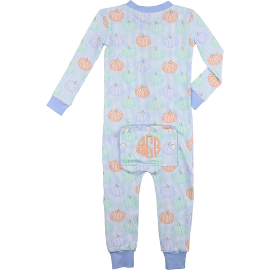 Boy zipper pajama with pumpkin pattern and monogram on a blue background