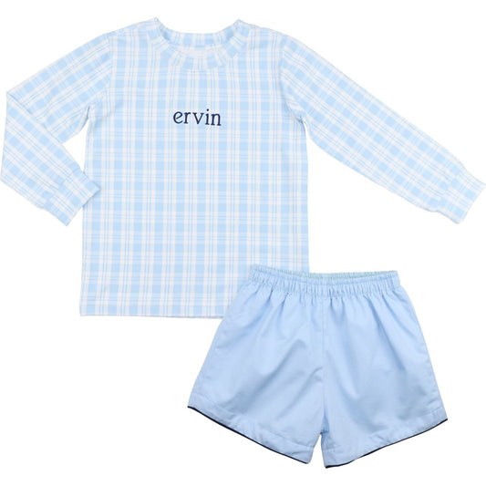 Blue Knit Plaid Short Set