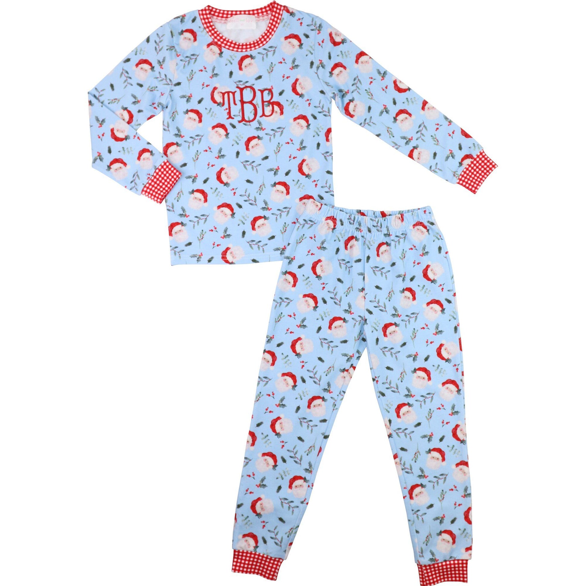Blue Knit Santa And Holly Pajamas