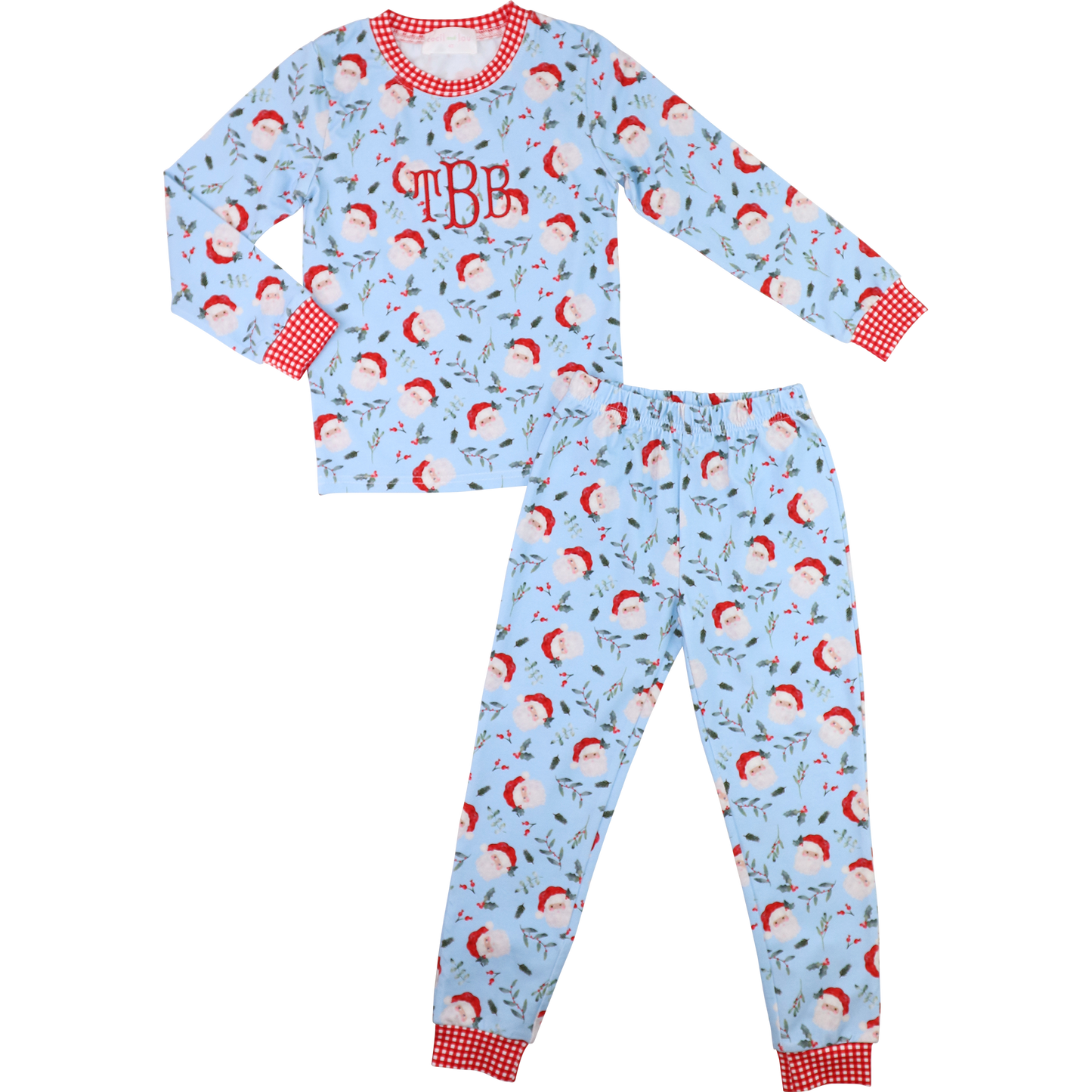 Blue Knit Santa And Holly Pajamas