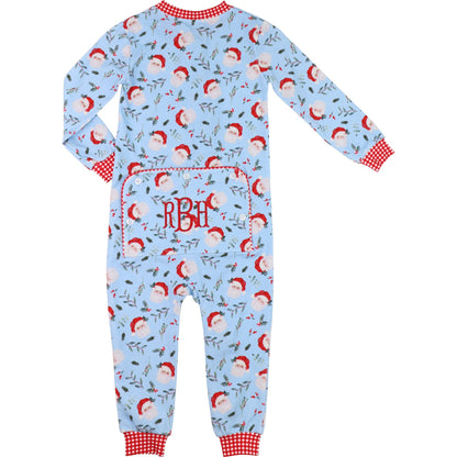 Blue Knit Santa And Holly Zipper Pajamas