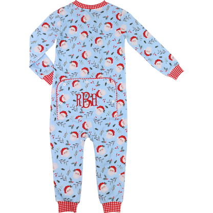 Blue Knit Santa And Holly Zipper Pajamas
