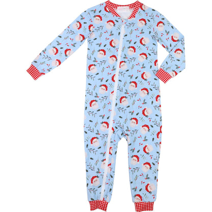 Blue Knit Santa And Holly Zipper Pajamas