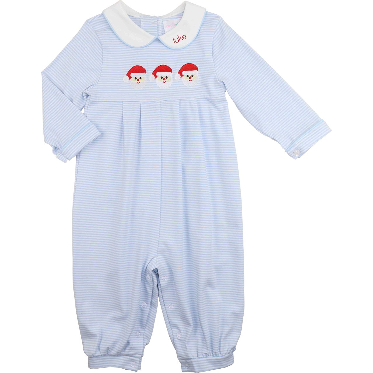 Blue striped baby romper with red face design on a white background