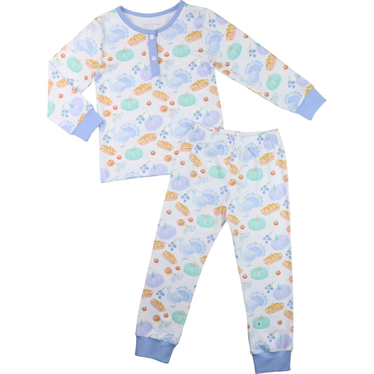 Blue knit turkey and pumpkin pajamas